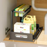 2-pack 2-tier sliding under sink organizers with hooks for bathroom and kitchen storage main product image